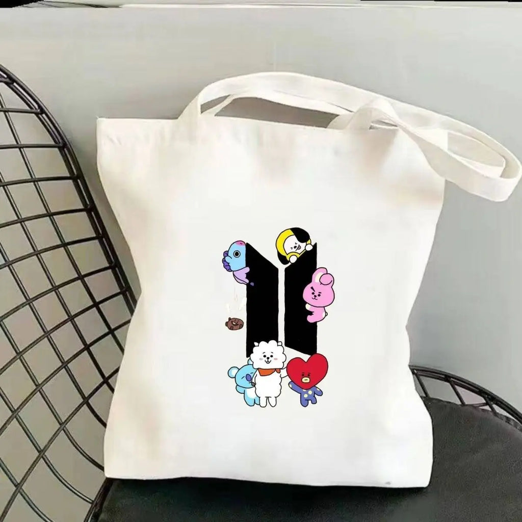 BTS series new cute creative cartoon pattern printed simple and fashionable large-capacity storage portable canvas shoulder bag