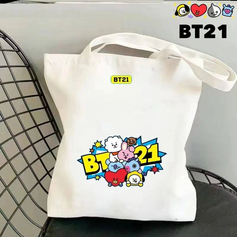 BTS series new cute creative cartoon pattern printed simple and fashionable large-capacity storage portable canvas shoulder bag