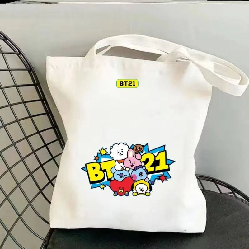 BTS series new cute creative cartoon pattern printed simple and fashionable large-capacity storage portable canvas shoulder bag
