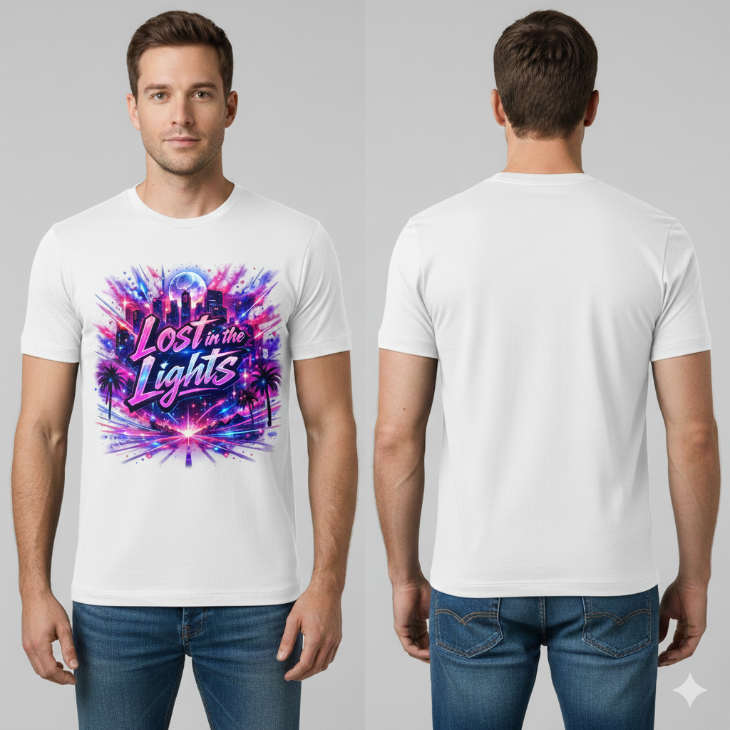 Retro Neon Graphic Tee - "Lost in the Lights" Fantasy Shirt