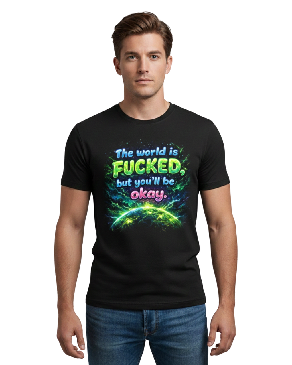 Neon Green Graphic Tee - "The World is Fucked, but You'll be Okay" Fantasy Shirt
