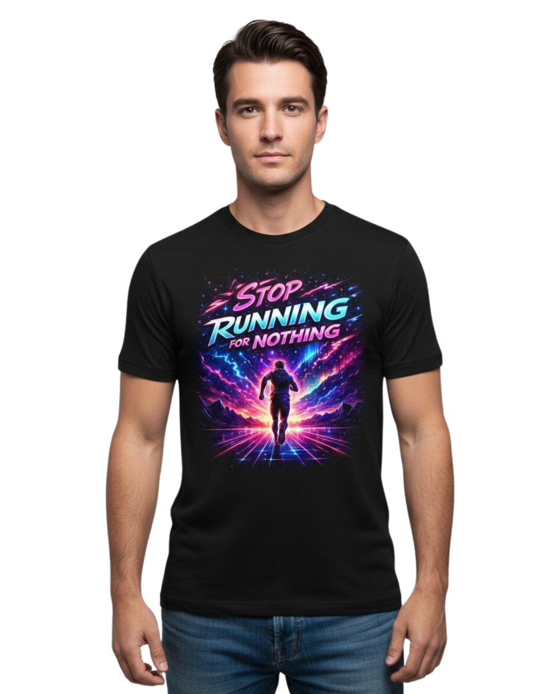 Retro Neon Graphic Tee - "Stop Running for Nothing" Fantasy Shirt