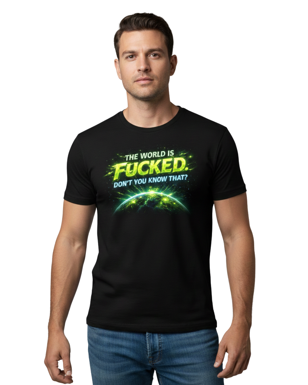 Retro Neon Graphic Tee - "The World is Fucked, Don't you Know That" Fantasy Shirt