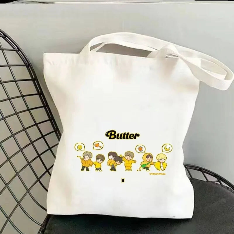 BTS series new cute creative cartoon pattern printed simple and fashionable large-capacity storage portable canvas shoulder bag
